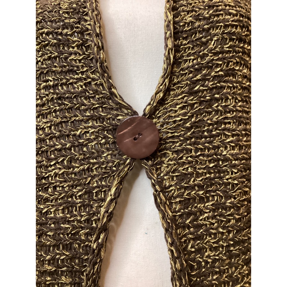 Chico's Brown Gold Metallic Open Knit Cardigan Size 2 Single Button - Picture 2 of 4